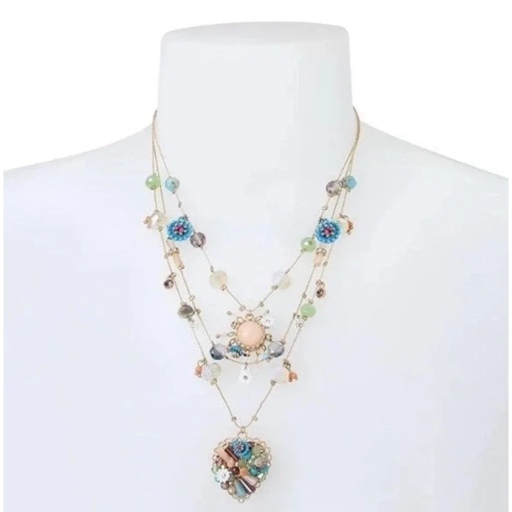 Betsey Johnson Layered Gold Charm Necklace Multi Strand Colorful Pendant EUC